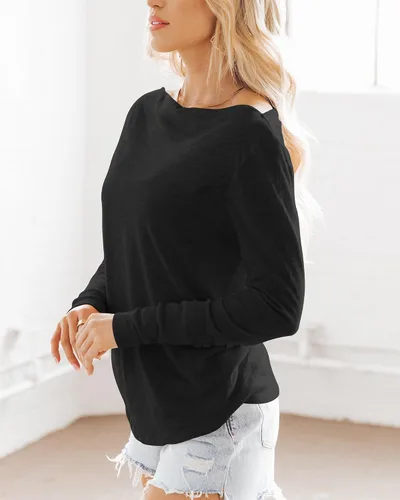 Vista 3 de Camisas casuales de manga larga para mujer, cuello barco, lisas, sin botones, con hombros descubiertos