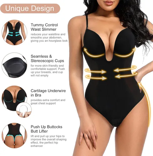 Vista 2 de Decorus Braga de espalda baja para mujer, con control de abdomen, cuello en V profundo, espalda descubierta, tanga de inmersión, brasier integrado