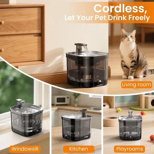 Vista 10 de Accokids Fuente de Agua Inalámbrica sin Cable para Gatos con Bomba Externa, Funciona con Batería de 5000mAh, Fuentes Automáticas Recargables de 68oz