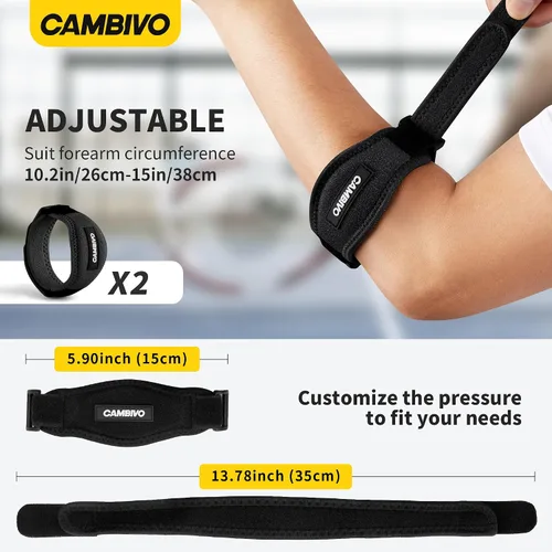 Vista 5 de CAMBIVO Paquete de 2 coderas de tenis para hombres y mujeres, alivio del dolor de codo para tendinitis, codo de tenis y golfista, correa ajustable