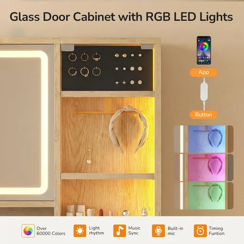 Vista 5 de DICTAC Escritorio de maquillaje estriado de 53 pulgadas con luces y espejo deslizante, tocador superior de vidrio con cajones y gabinetes de vidrio