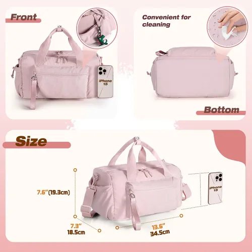 Vista 4 de Pequeña bolsa de gimnasio para mujer, bolsa deportiva de 12 litros con compartimento húmedo, mini bolsa de viaje para entrenamiento y fitness, Rosa