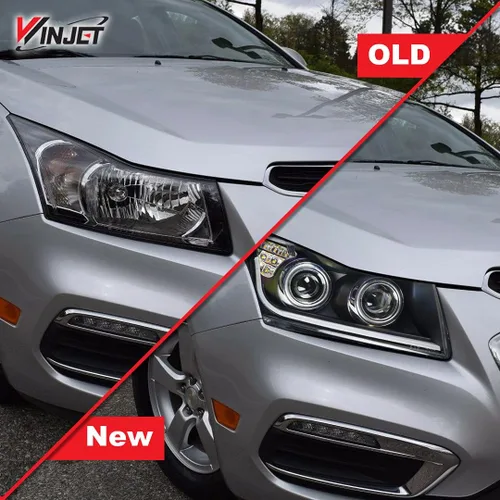 Vista 2 de Faro delantero con lente proyector transparente/carcasa negra, con barra DRL de luz LED (Chevy Cruze), Winjet WJ10-0324-04