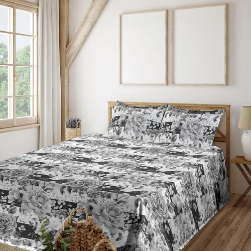 Vista 18 de Ambesonne Juego de sábanas vintage, diseño de curvas de inspiración victoriana, estampado de hojas y flores, sábana bajera y encimera con fundas