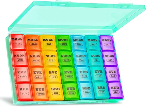 Vista 9 de Pastillero semanal grande XL 4 veces al día, pastilleros y organizador de 7 días AM PM, compartimentos grandes, pastillero, organizador mensual
