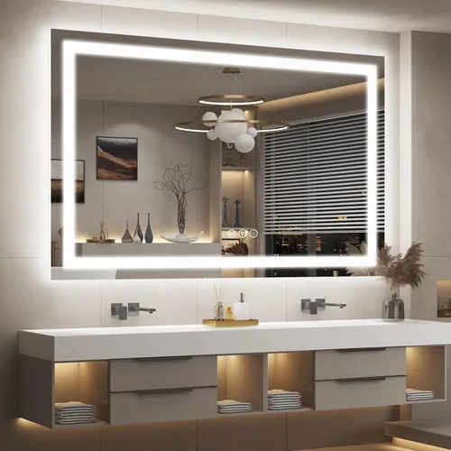 Vista 30 de Espejo de baño LED iluminado de 30 x 30 pulgadas para pared, espejo cuadrado de tocador con luces, regulable, antivaho, a prueba de roturas
