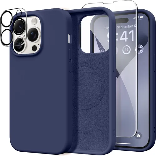 Vista 233 de GONEZ Funda magnética para iPhone 14, compatible con Magsafe, con protector de pantalla + protector de cámara, forro de microfibra antiarañazos