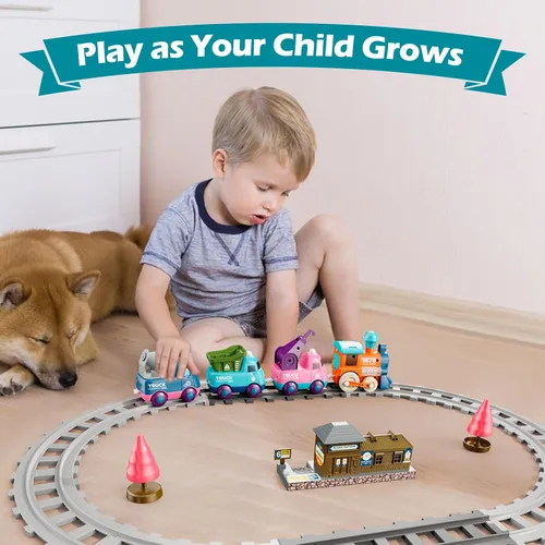 Vista 7 de Lipneaed Regalos de primer cumpleaños para niños, paquete de 2 autos de bebé, juguetes eléctricos de tren de música y tren de vapor con pistas