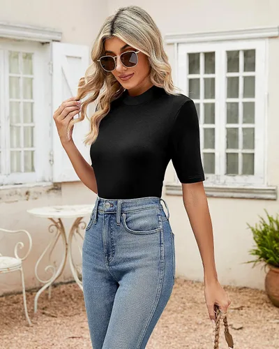 Vista 4 de Paquete de 2 camisetas casuales de negocios para mujer, camisas de cuello alto falso de manga corta cuello alto, blusas elegantes de manga corta