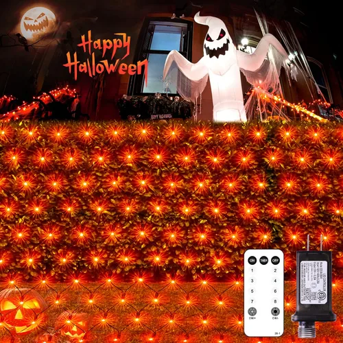Vista 9 de JMEXSUSS 360 luces LED de red azul para exteriores, conectables de 12 pies x 5 pies, luces de red de Navidad enchufables con control remoto, 8 modos