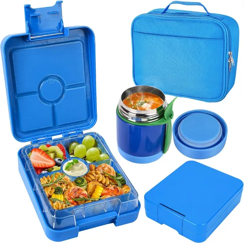 Vista 14 de Pawtong Set de Loncheras Bento con Termo para Sopa de 10oz, loncheras a prueba de fugas con 4 compartimentos, termo para alimentos calientes