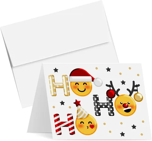 Vista 10 de Ho Ho - Tarjetas de felicitación navideñas y sobres, divertidos y lindos emoji, plegables, color negro, para Navidad y Año Nuevo, 4.25 x 5.5