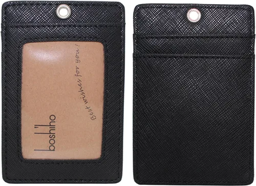 Vista 4 de Boshiho. Funda vertical, de piel, para tarjeta de identificación con cordón resistente., Negro
