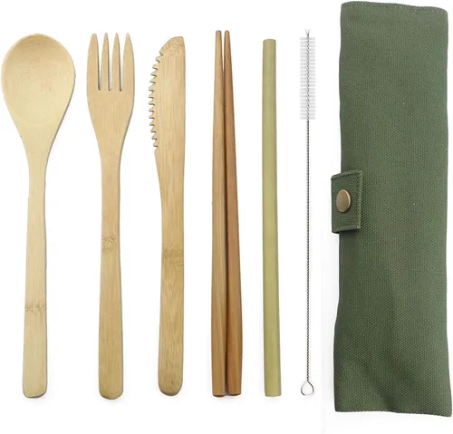 Vista 7 de JASHII Juego de cubiertos de bambú para viaje, incluye cuchillo reutilizable, tenedor, cuchara, palillos, popotes y cepillo (beige)