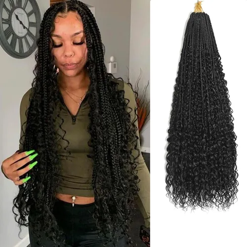 Vista 19 de Flagship 9 Paquetes Goddess Box Braids Cabello de Ganchillo para Mujeres Negras - 10 Pulgadas Pre-enrollado con Puntas Rizadas, Estilo Bohemio 1b