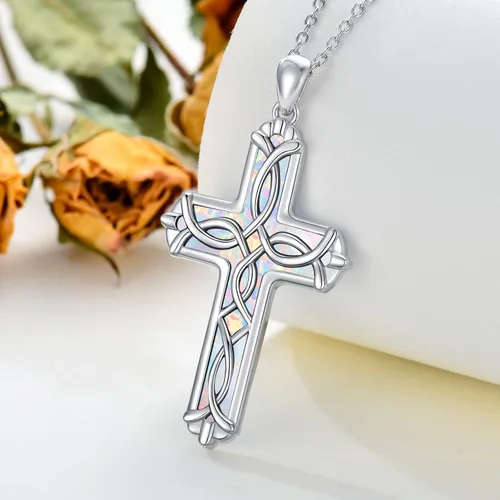 Vista 5 de WINNICACA Collar de cruz de ópalo para mujer, plata de ley 925, colgante de cruz infinita, regalo de joyería de ópalo para mujeres y niñas