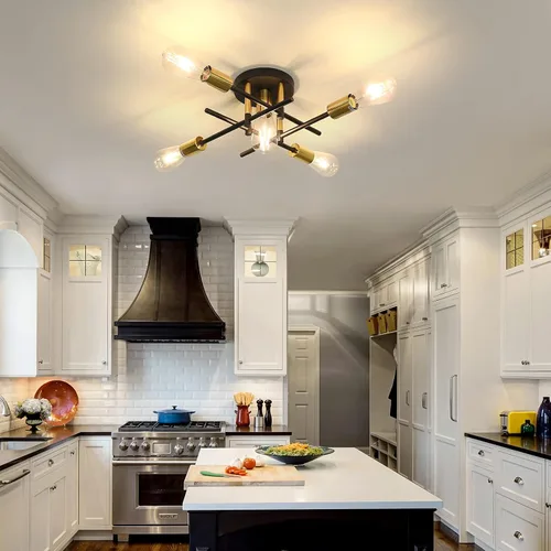 Vista 8 de UOFUS Lámpara de techo semiempotrada de 5 luces estilo casa de campo con lámpara E26 moderna lámpara de techo Sputnik negro mate y dorado