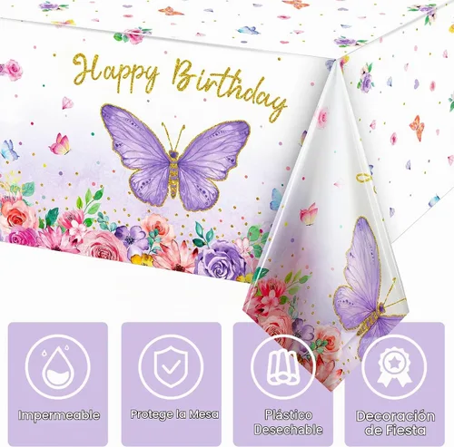 Vista 3 de Tegeme Mantel rectangular con diseño de mariposas y feliz cumpleaños, decoración de fiesta de mariposa, mantel de plástico con temática de primavera