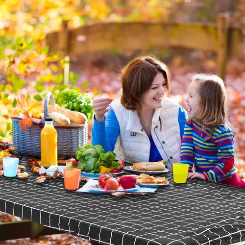 Vista 5 de Mantel rectangular de plástico para mesa de pícnic, 3 piezas, de 30 x 72 pulgadas, vinilo impermeable con parte trasera de franela con borde