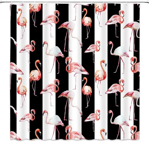 Vista 7 de Cortina de ducha con diseño de flamenco, flor tropical, hoja de palmera verde, juego de decoración de baño con ganchos