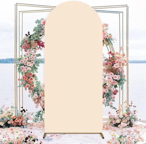 Vista 2 de Cubierta de arco de boda ajustable de elastano, fundas de soporte arqueadas beige, telón de fondo elástico, cubierta de arco de tela de 6.6 pies
