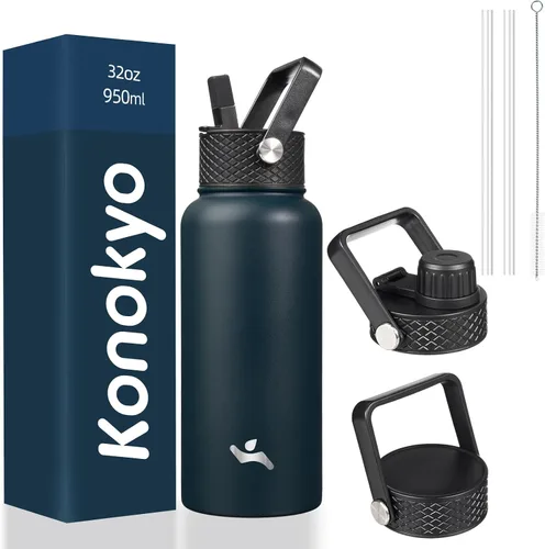Vista 59 de Konokyo - Botella de agua aislada de 18 onzas, botellas deportivas de acero inoxidable con 3 tapas, verde militar