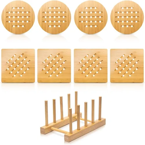 Vista 9 de Juego de salvamanteles de bambú para cocina, almohadillas calientes de bambú para platos calientes/cuencos/tetera/soportes para ollas calientes