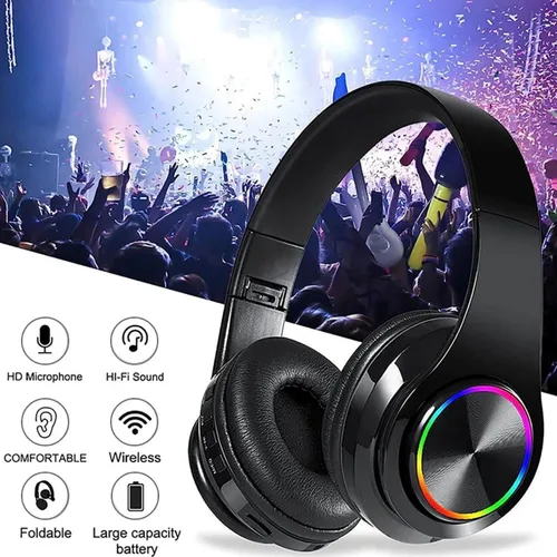 Vista 6 de Auriculares Bluetooth sobre la oreja, auriculares inalámbricos con reducción de ruido y micrófono/bajo profundo, auriculares LED plegables y ligeros