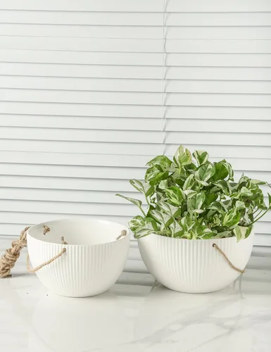 Vista 7 de UBEE Macetas colgantes de cerámica para interiores y exteriores, maceta colgante de 7.5 pulgadas + 6.5 pulgadas para plantas, cesta colgante