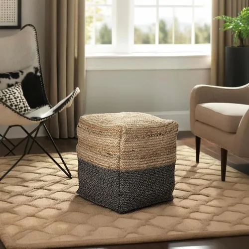 Vista 2 de Signature Design by Ashley Sweed Valley Farmhouse - Puf trenzado de yute, 17.5 x 20.25 pulgadas, natural y negro