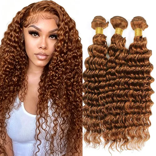 Vista 113 de P4613 Cabello humano rizado onda profunda marrón y paquetes mixtos 8 10 12 P4613 Ombre Marrón-Rubio-DP