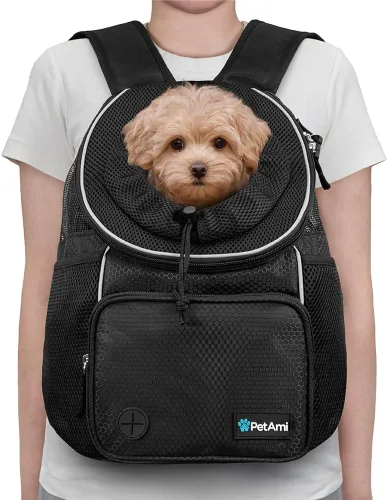 Vista 2 de PetAmi Mochila transportadora de pecho ajustable para perros y gatos, ventilada para senderismo, campamento y viajes, máximo 10 libras, negro