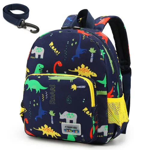 Vista 13 de willikiva Mochila de dinosaurio 3D para niños y niñas, mochila impermeable con arnés de seguridad preescolar (azul oscuro)