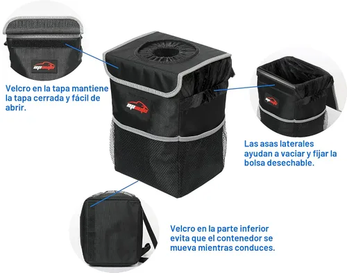 Vista 5 de EPAuto Bote de basura impermeable para automóvil con tapa y bolsillos, 2.5 Negro