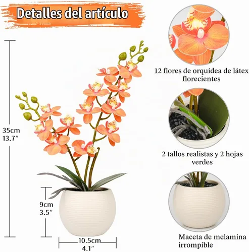 Vista 2 de Orquídea Artificial Flor Naranja en Maceta Blanca, Orquídea Phalaenopsis Sintética de Tacto Real para Decoración de Boda, Hogar, Oficina, Fiesta