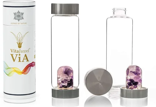 Vista 4 de VitaJuwel ViA Wellness - Botella de agua de cristal con amatista, cuarzo rosa, cuarzo transparente + tapa de silicona blanca Loop Cloud