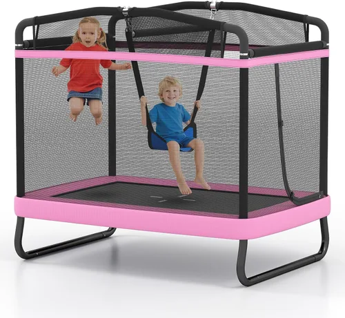 Vista 10 de GYMAX Cama Elástica para Niños, de 70” para Niños Pequeños con Columpio Desmontable, Barra Horizontal y Red de Protección Completa, Cama Elástica