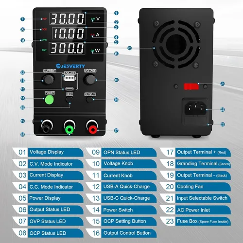 Vista 2 de Fuente de alimentación CC variable, fuente de alimentación de banco ajustable de conmutación CC regulada de 0-32 V 0-10 A con USB de 20 W y carga