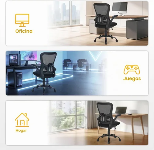 Vista 9 de Silla de oficina ergonómica de malla, soporte lumbar ajustable, brazos abatibles, silla giratoria para computadora con respaldo transpirable