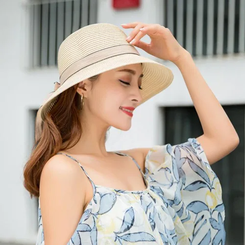 Vista 7 de Sombrero de paja de verano con protección UV, ala ancha, transpirable, visera de playa, sombreros para mujer Beige