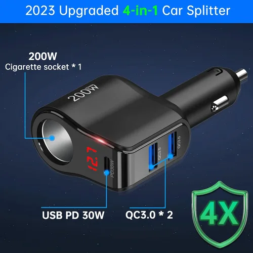 Vista 2 de Adaptador de cargador de coche PD USB C de 200 W: divisor de enchufe de encendedor de cigarrillos de 12 V Enchufe de CC de 12 voltios Toma