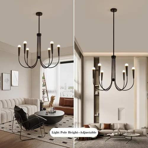 Vista 5 de Lámpara de araña de granja, 6 luces industriales, rústicas, para comedor, lámpara colgante ajustable para cocina, isla, sala de estar, vestíbulo