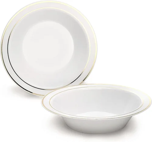 Vista 9 de Platos de plástico desechables Occasions para fiestas de boda (120 unidades), Blanco / Borde dorado