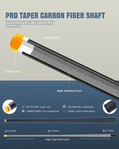 Vista 2 de KONLLEN 2.0 Carbon Fiber Pool Cue, Low Deflection Shaft Pro taper cue with 11.8mm or 12.5mm tip, ebony inlay design and adjustable weight system