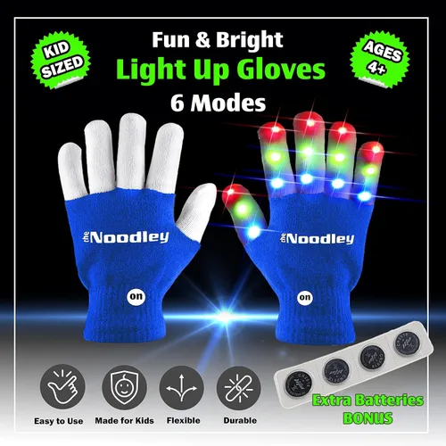 Vista 2 de The Noodley Guantes con luz LED para niños, juguetes, juegos al aire libre, para niños y niñas, disfraz oscuro con autismo, niños, adolescentes