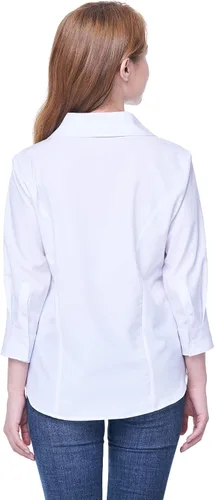 Vista 4 de Camisa con botones para mujer, con cuello en V, elástica en 4 direcciones, resistente a las arrugas y transpirable, manga 34 con cuello