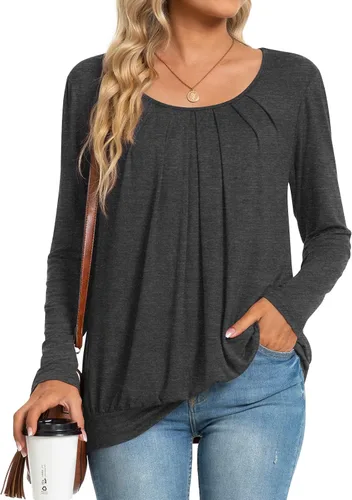 Vista 3 de Anymeet 2023 Women's Spring Fall Tunic Tops for Leggings Long Sleeve Casual Tshirt Pleated Loose Blouses