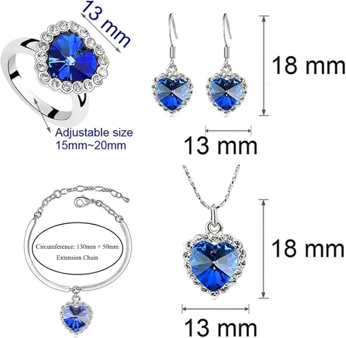 Vista 5 de AILUOR Titanic Heart of The Ocean - Juego de collar y aretes, pulsera y anillos de joyería, collar de cristal de zafiro azul plateado, colgante