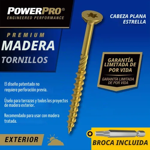 Vista 3 de Power Pro Tornillos para madera para exteriores, cabeza plana #9 x 3
