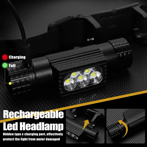 Vista 4 de Linterna frontal recargable, 2000 lúmenes, lámpara LED súper brillante para adultos, IP67 impermeable recargable con 9 modos, linterna de cabeza